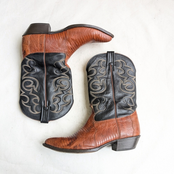Nocona Cowboy Boots Lizard Leather 12 D Brown Black - Picture 1 of 16